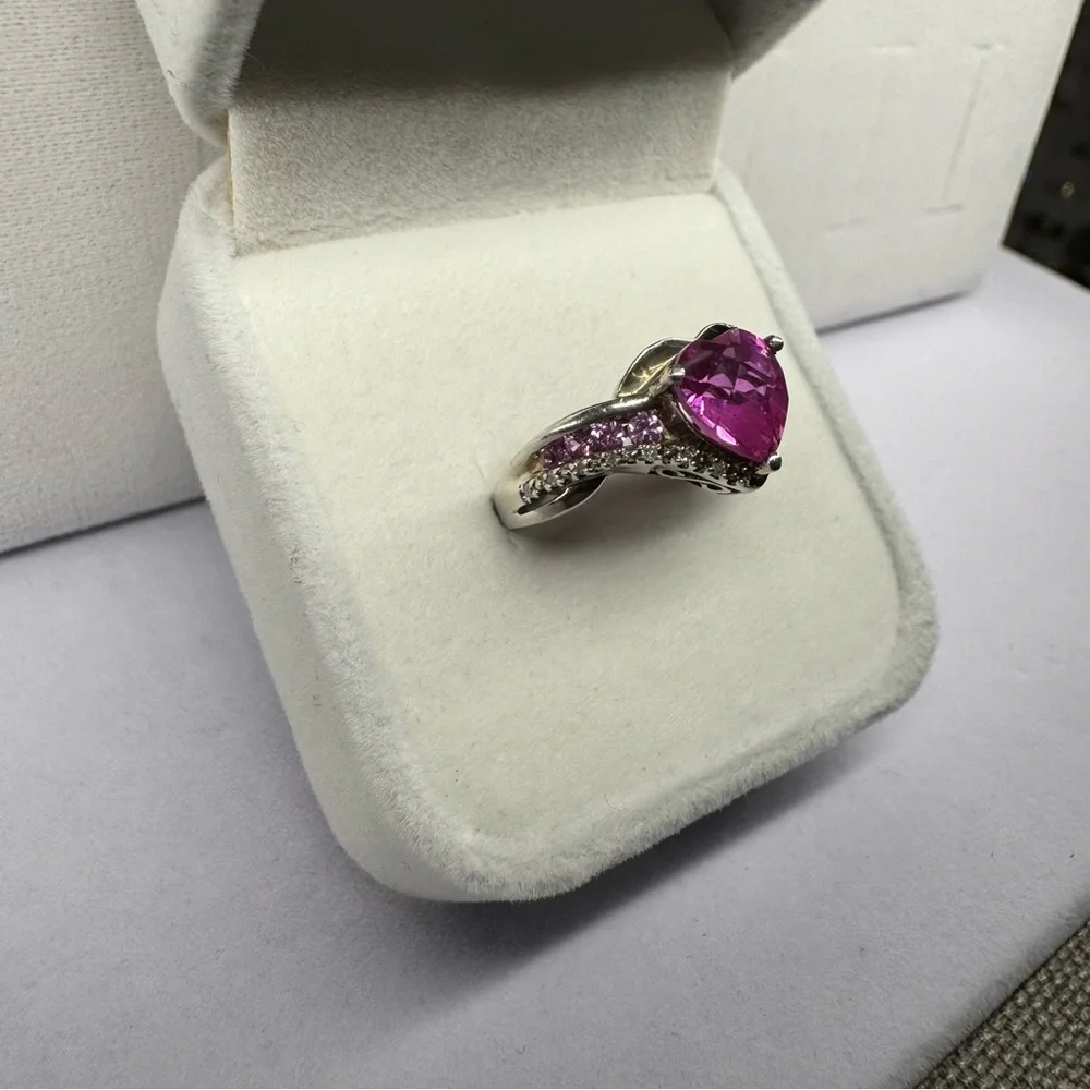 Pink Sapphire & Diamonds & Topaz 925 Sterling Silver Ring Size 5.5